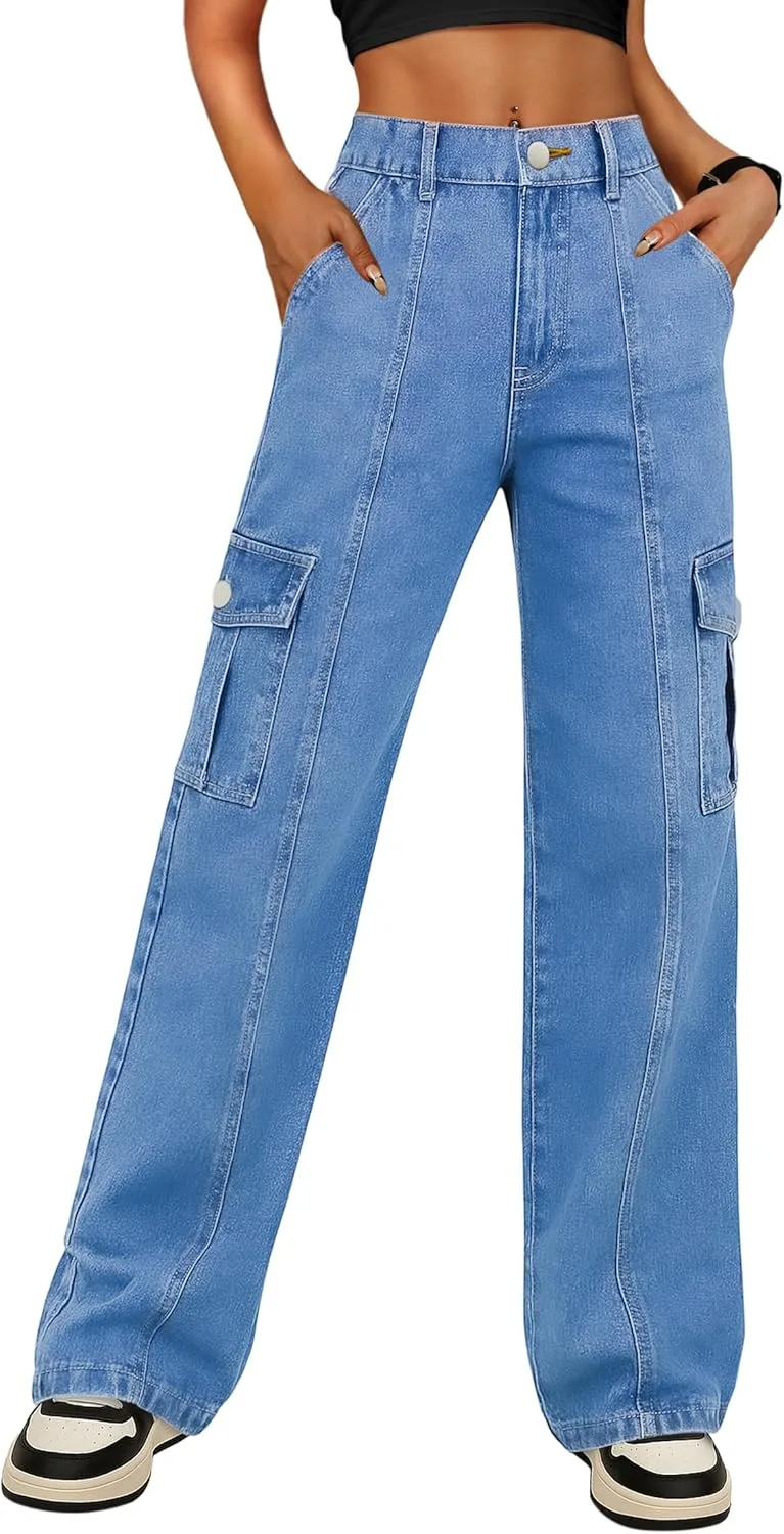 

IWD женские карго штаны с высокой талией и прямыми штанинами, 6 карманов