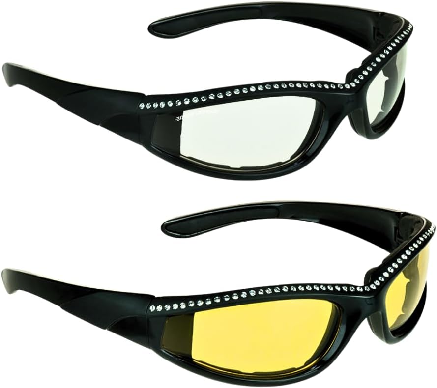 

Защитные мотоциклетные очки Bikershades со стразами для женщин, с мягкой подкладкой из пеноматериала, для дневного, дымчатого и ночного времени, желтого цвета, прозрачные, защищают от ветра и пыли, Clear Black + Yellow Black Combo
