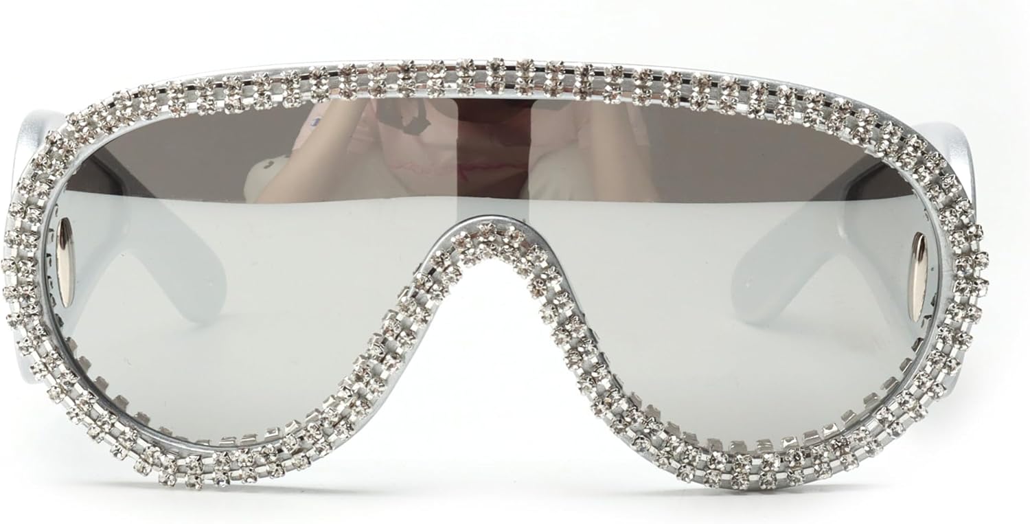 

Солнцезащитные очки bullabulling с блестящими стразами для женщин и мужчин, большие, серебристые, с зеркальными вставками, футуристический дизайн, дизайнерский стиль, Silvery