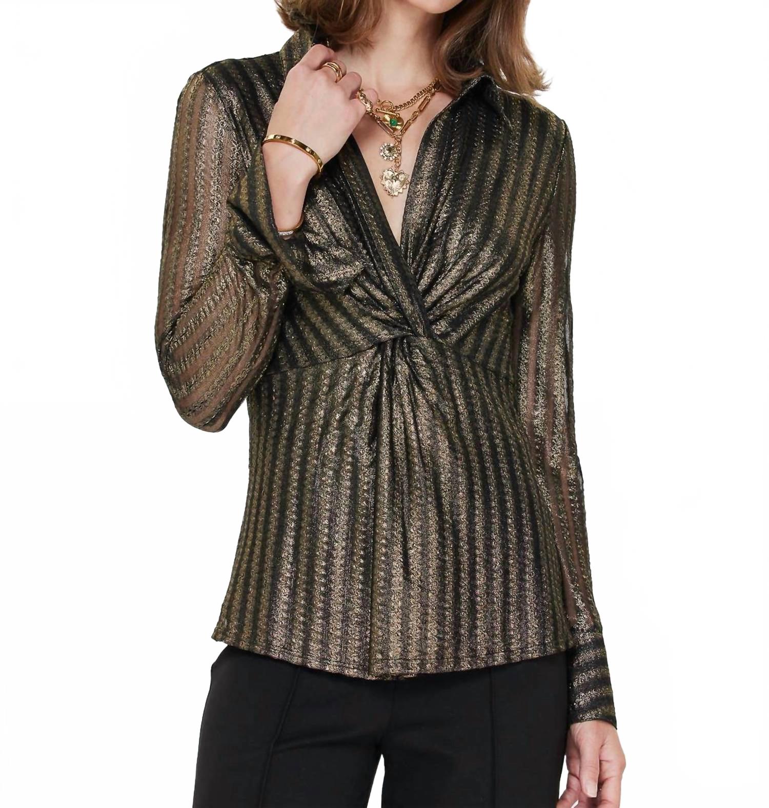 

Current air Блузка в полоску с металлическим блеском и перекрученным передом, черно-золотая