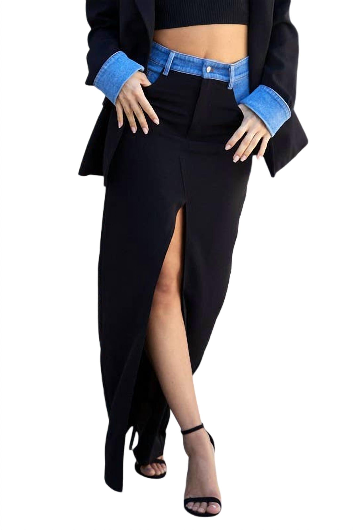 

Юбка Tatiana с джинсовыми вставками и высоким разрезом в черном цвете ENDLESS BLU.