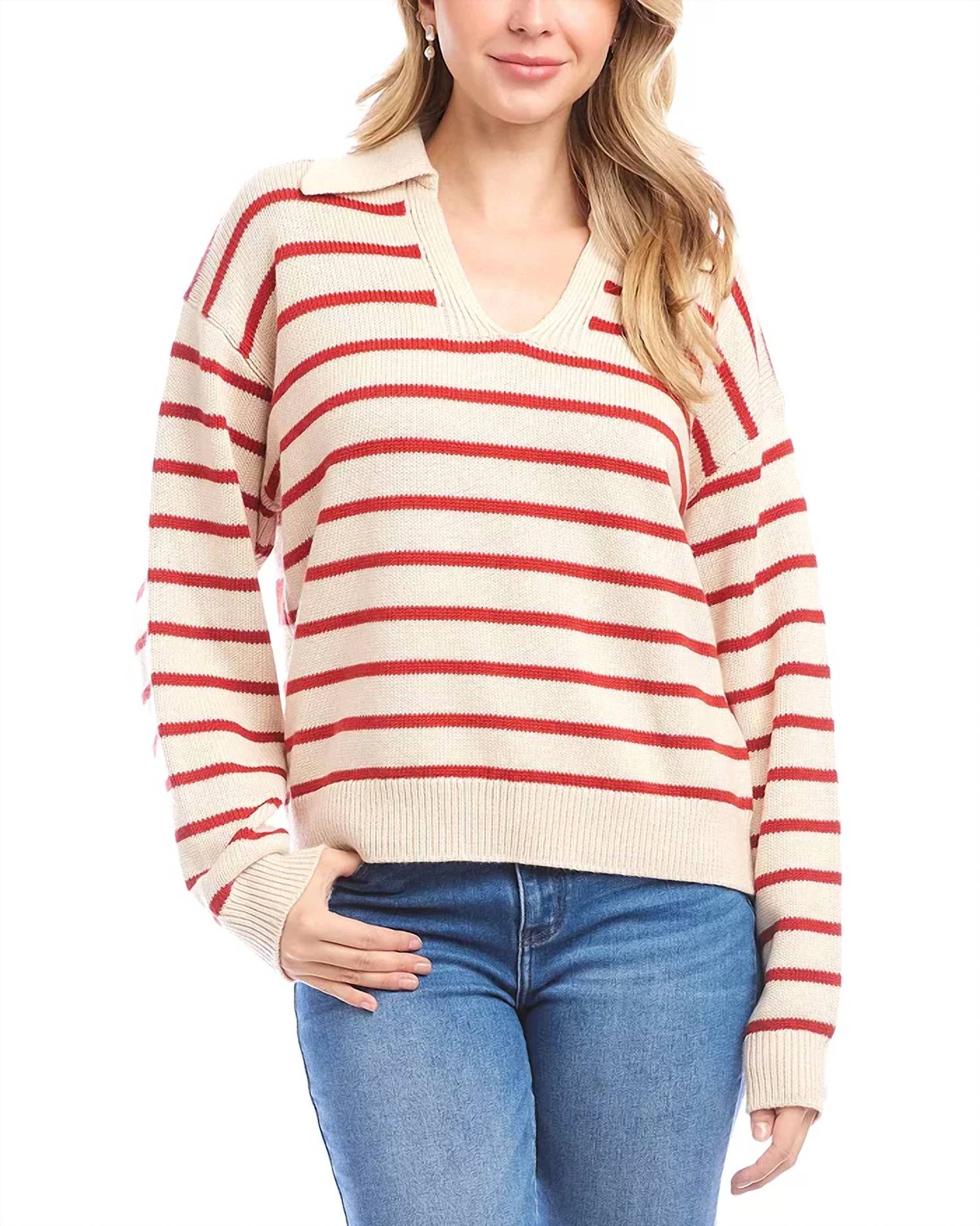 

Полосатый свитер-поло цвета экрю/томат Karen Kane, Ecru/ Tomato