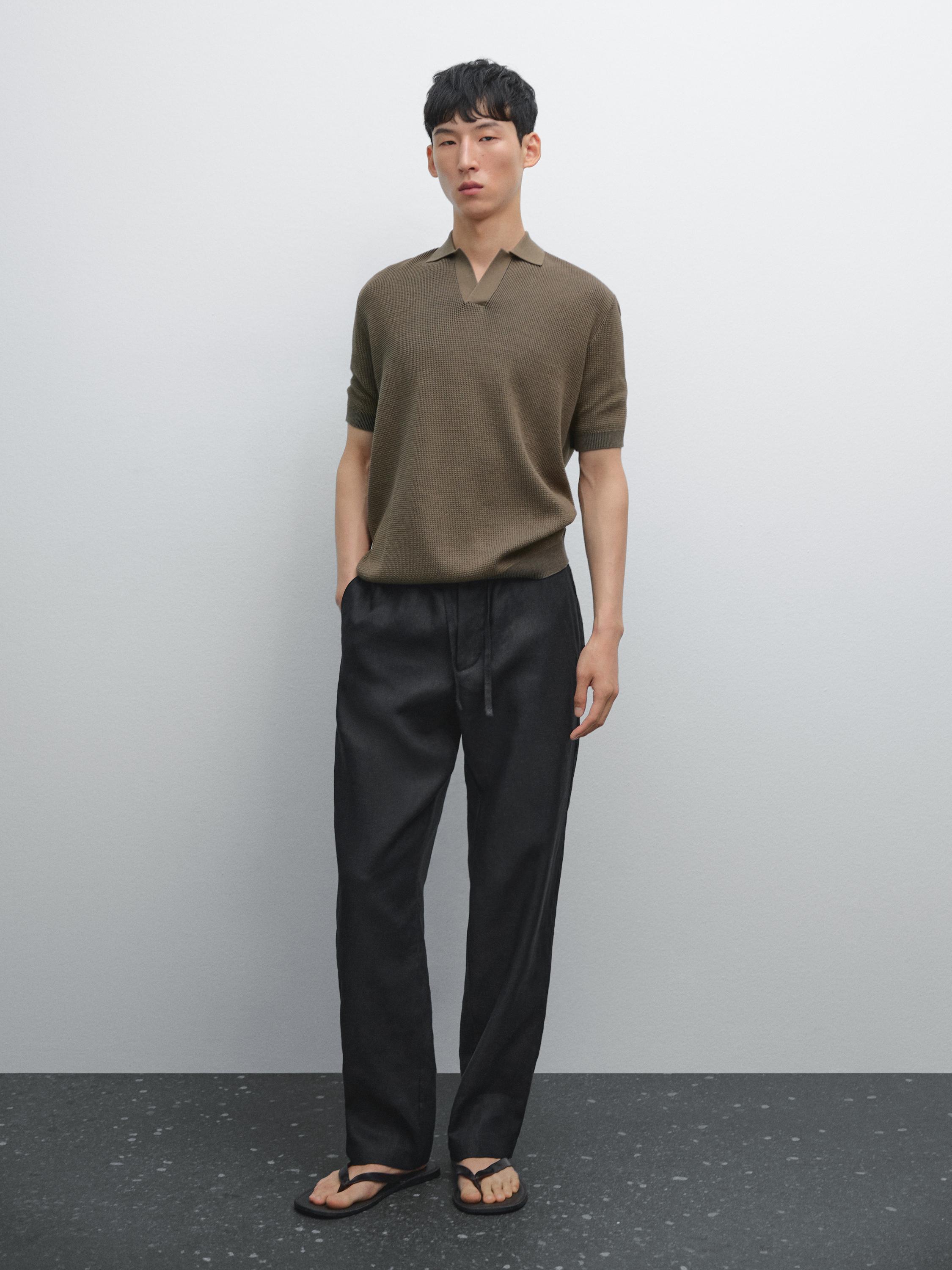 

Текстурированная трикотажная рубашка-поло с V-образным вырезом Massimo Dutti, бежевый