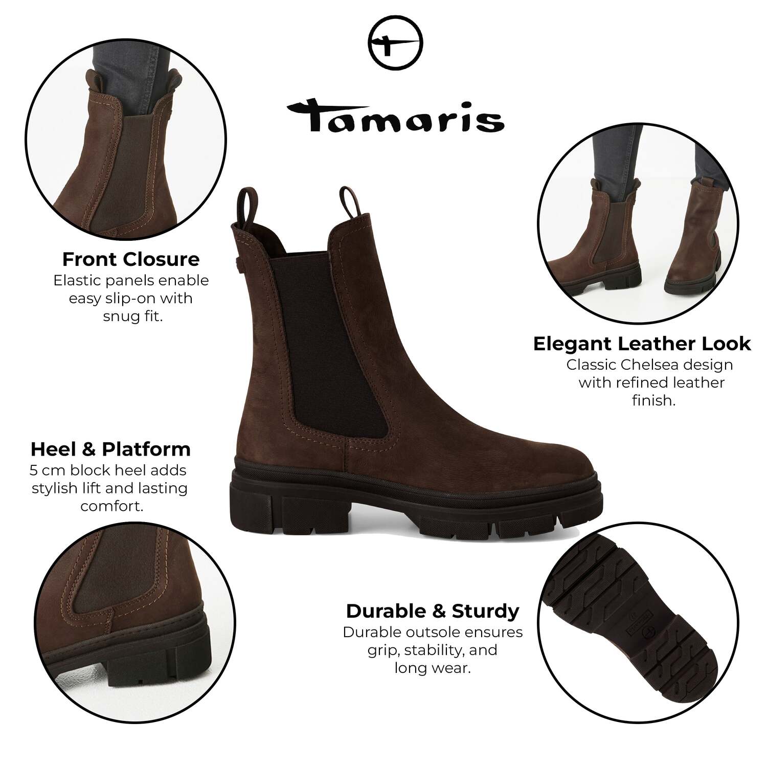 Tamaris женские высокие кожаные полусапожки Chelsea цвета мокко с удобной посадкой TMRS, коричневый — фото 2