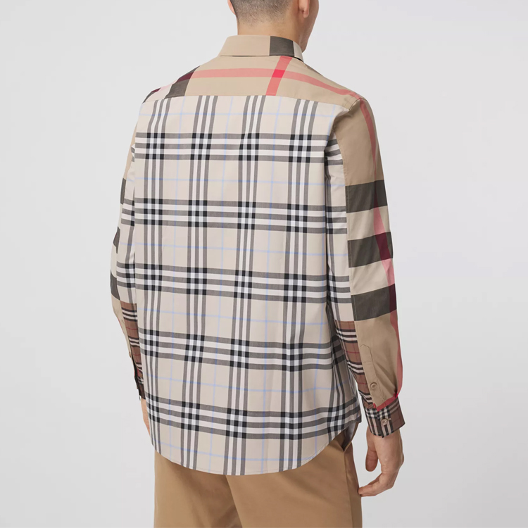 Классическая клетчатая хлопковая свободная рубашка с длинным рукавом Burberry, светло-миндальный цвет — фото 4