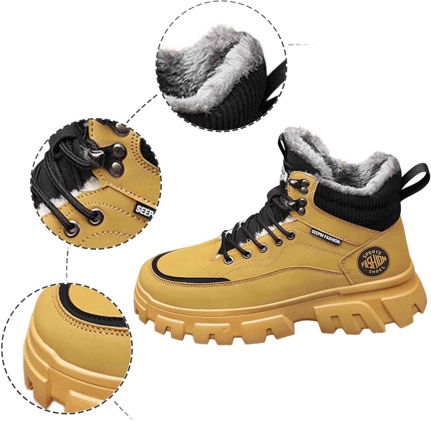 Ботинки Winter Wanderschuhe Damen Herren, Herren Winterstiefel einfarbigem Fleece mit Schnürung, warme Schneestiefel, lässiger Komfort Generic, Gelb — фото 2