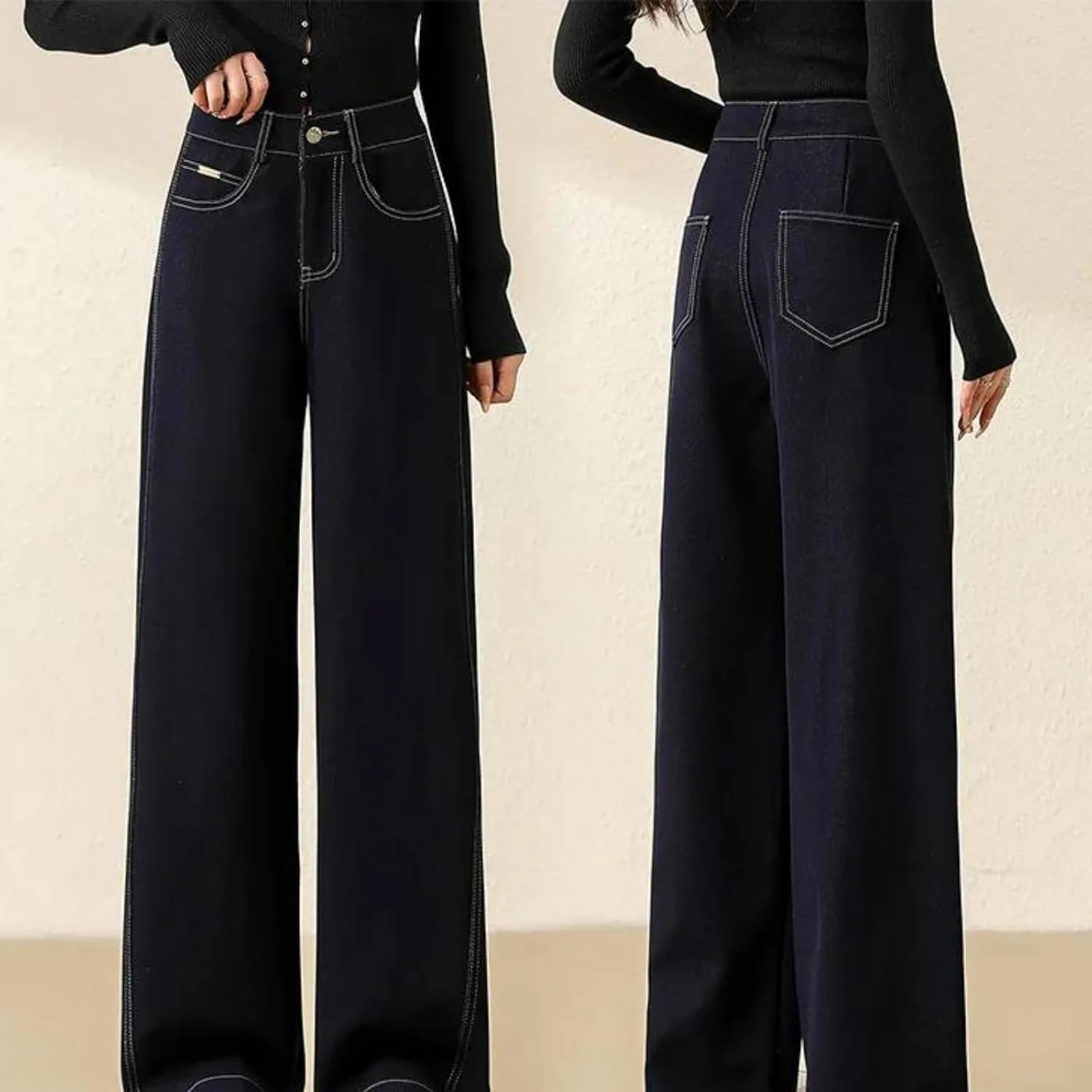 Женские джинсы Wide Leg - деним на весну с высокой талией, драпированные свободные стройнящие прямые брюки Generic, синий — фото 2