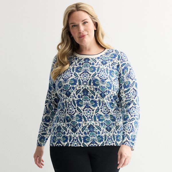 

Укороченный свитер с принтом и круглым вырезом plus size Croft & Barrow, цвет teal leaf tile