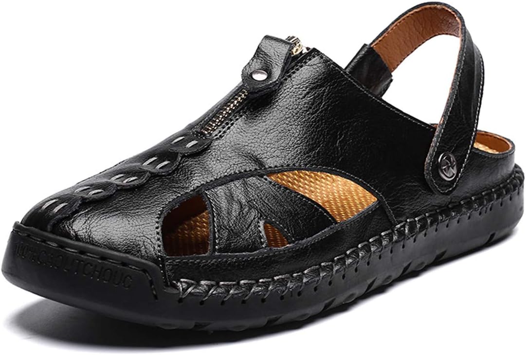 

Мужские кожаные сандалии ChicWind с ручной отделкой, молнией, для улицы, с отверстиями, антискользящие тапочки, черный