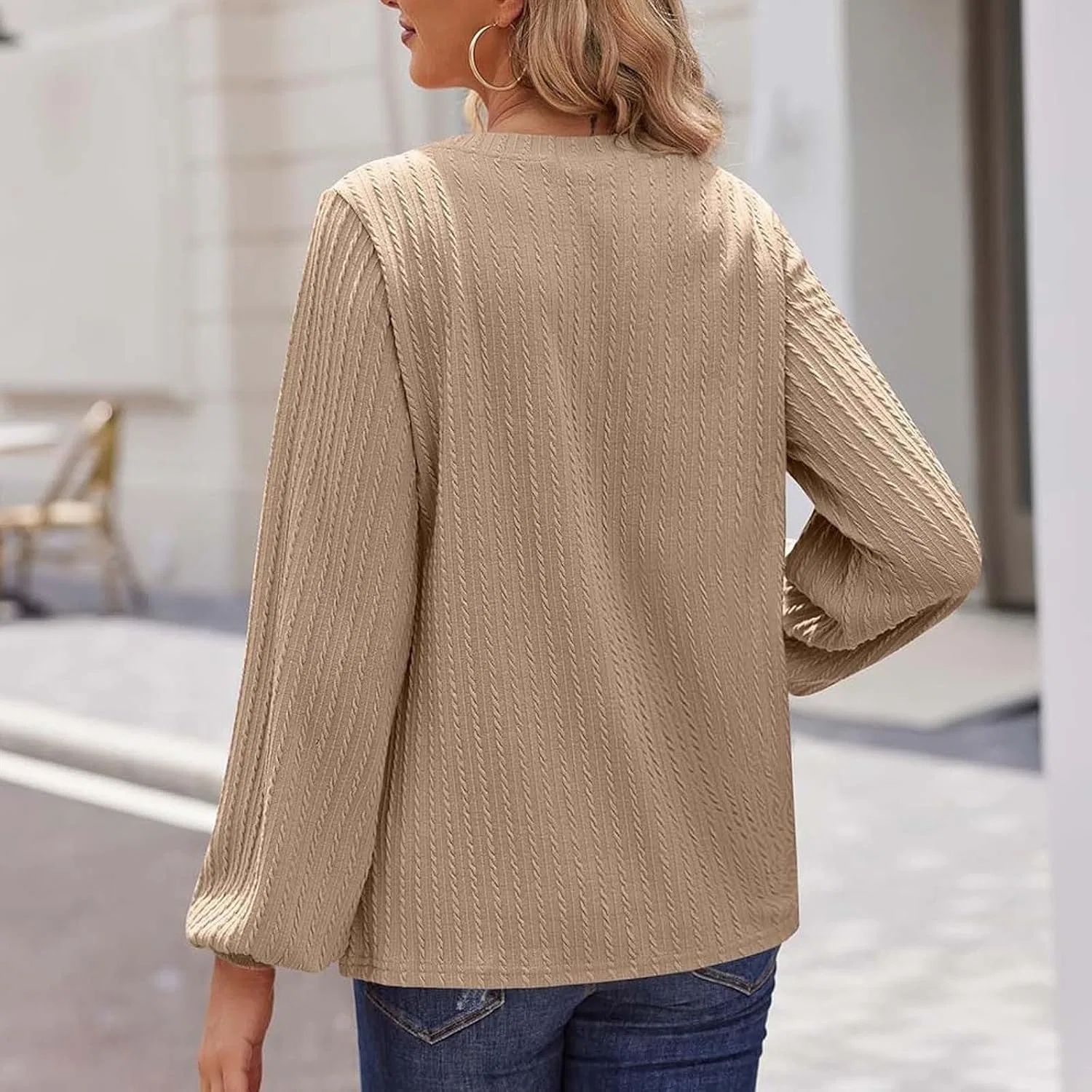 Блуза с V-образным вырезом, свободного кроя, длинный рукав, хаки — фото 2