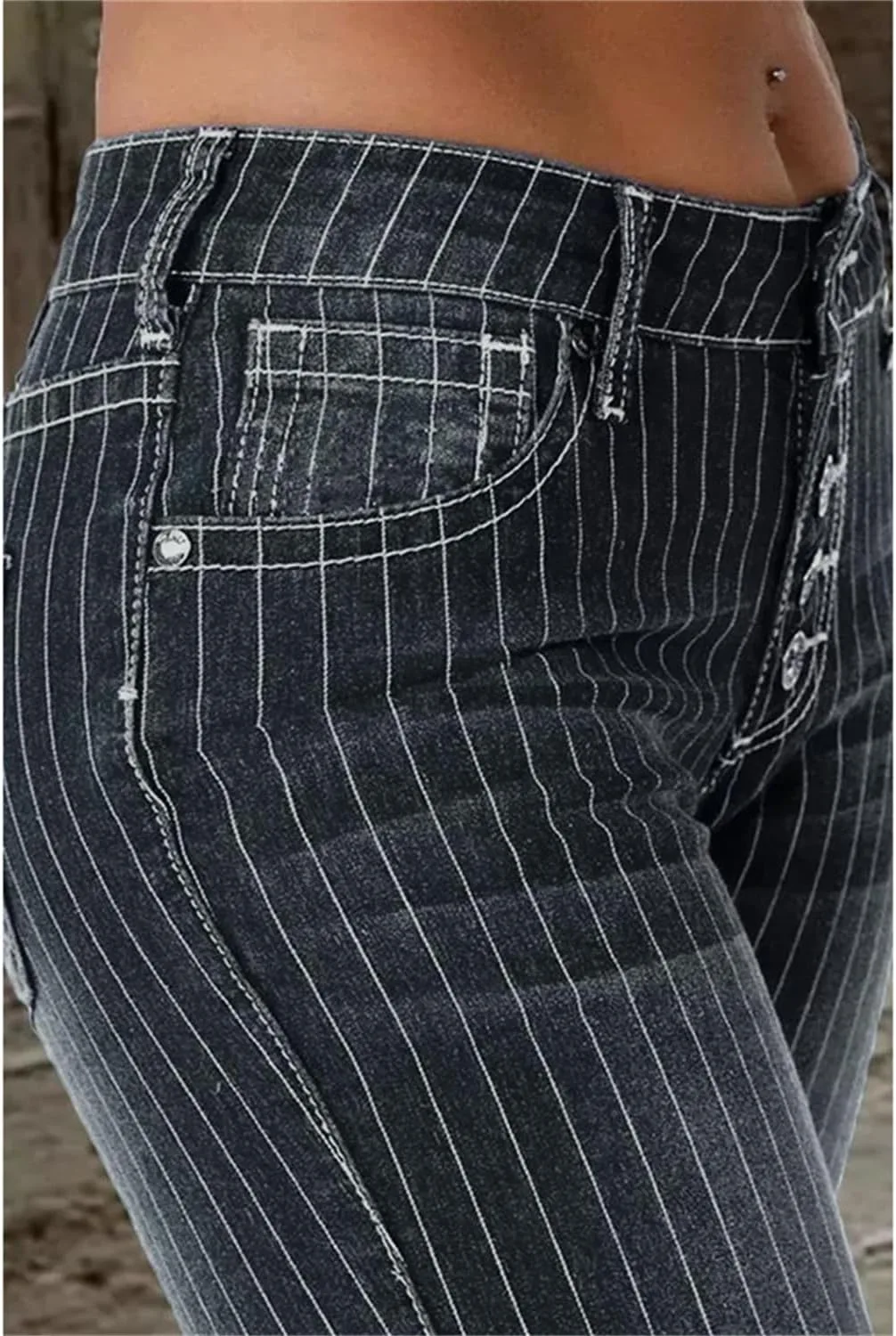 Andongnywell женские джинсы-клеш high waist полосатые bell jeans классические wide legs деним штаны ретро high rise flare pants — фото 4