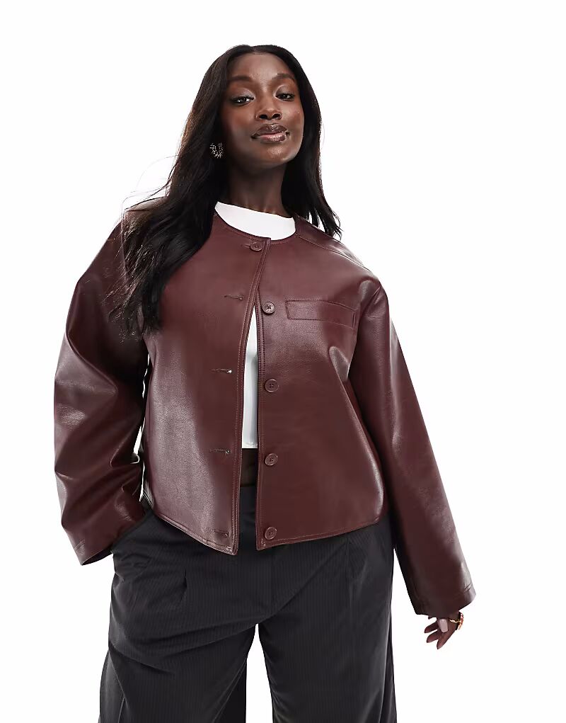 

Куртка без воротника ASOS DESIGN Curve из искусственной кожи цвета мальбек