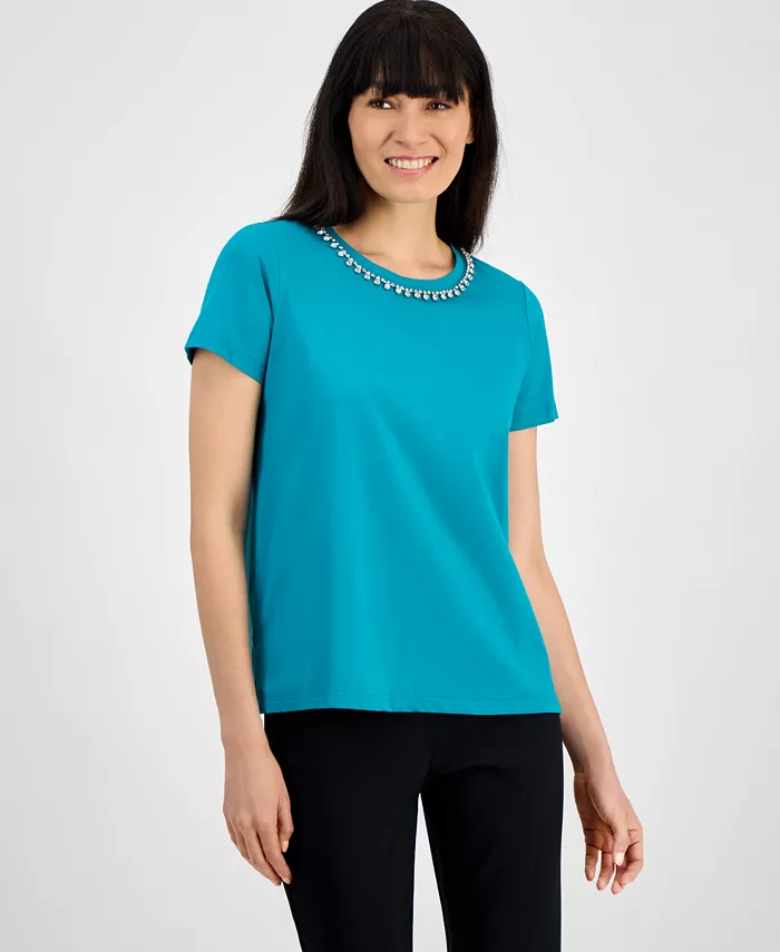 

Женская футболка из полированного хлопка с декором JM Collection, синий