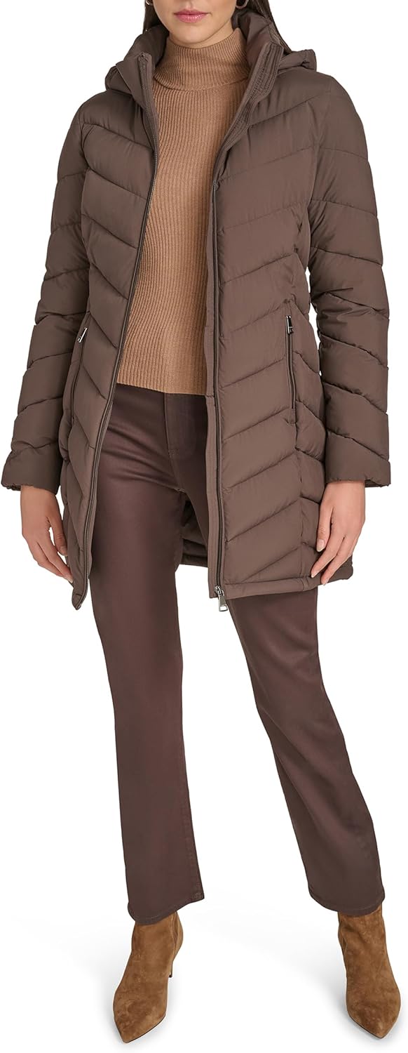 Женское повседневное стеганое пальто Calvin Klein с капюшоном и молнией спереди, с длинными рукавами, Mulch — фото 2