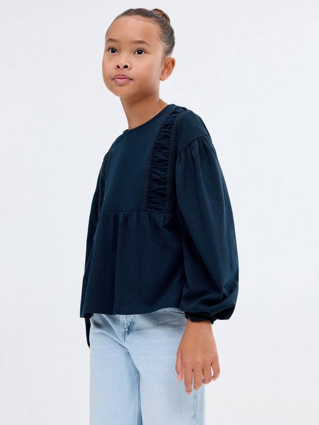 

Детская хлопковая блузка с длинными рукавами и рюшами Mango, Navy