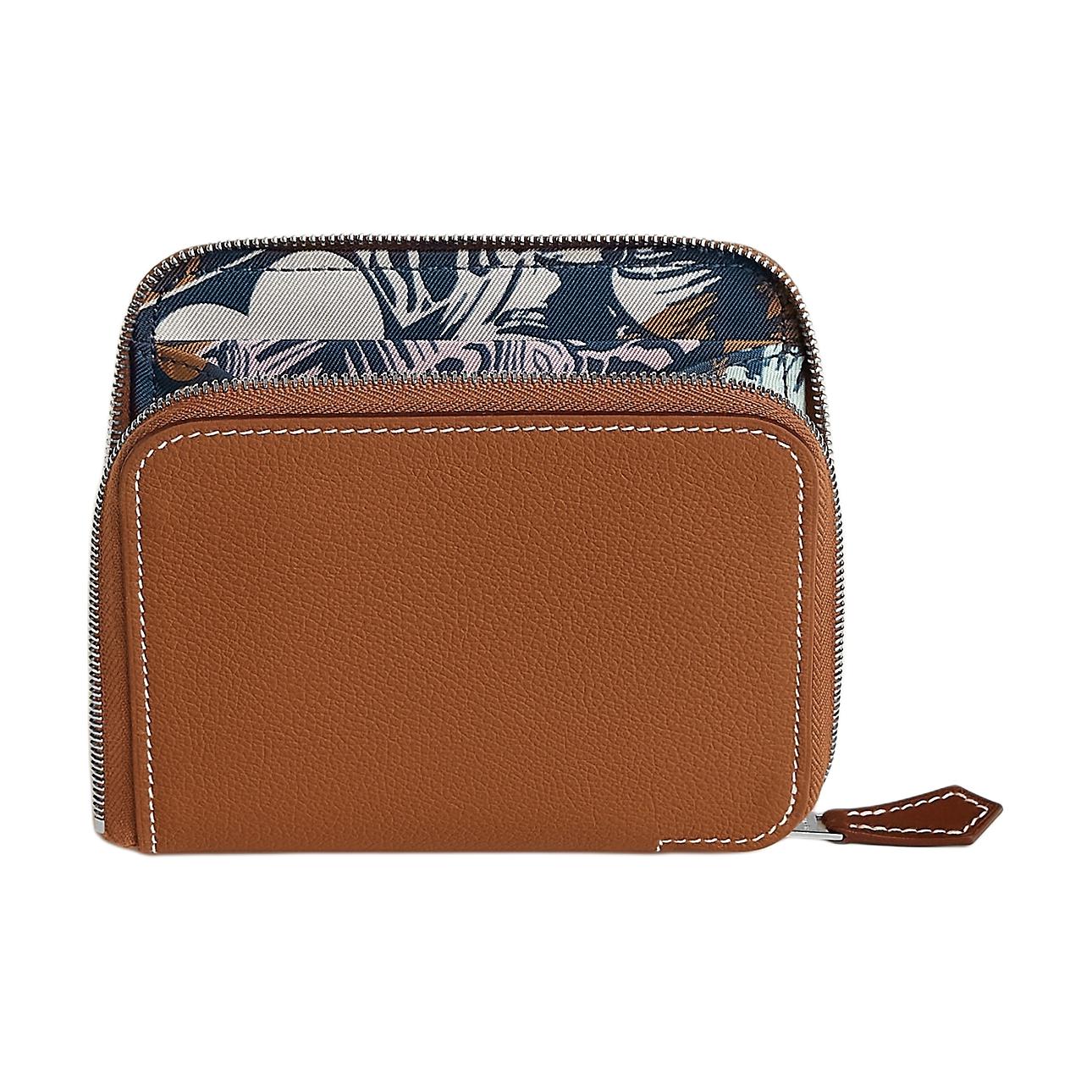 

HERMES Шёлковый кошелёк для монет из кожи вечноколор с телячьей кожей барения для женщин золотой и морской синий и зелёный