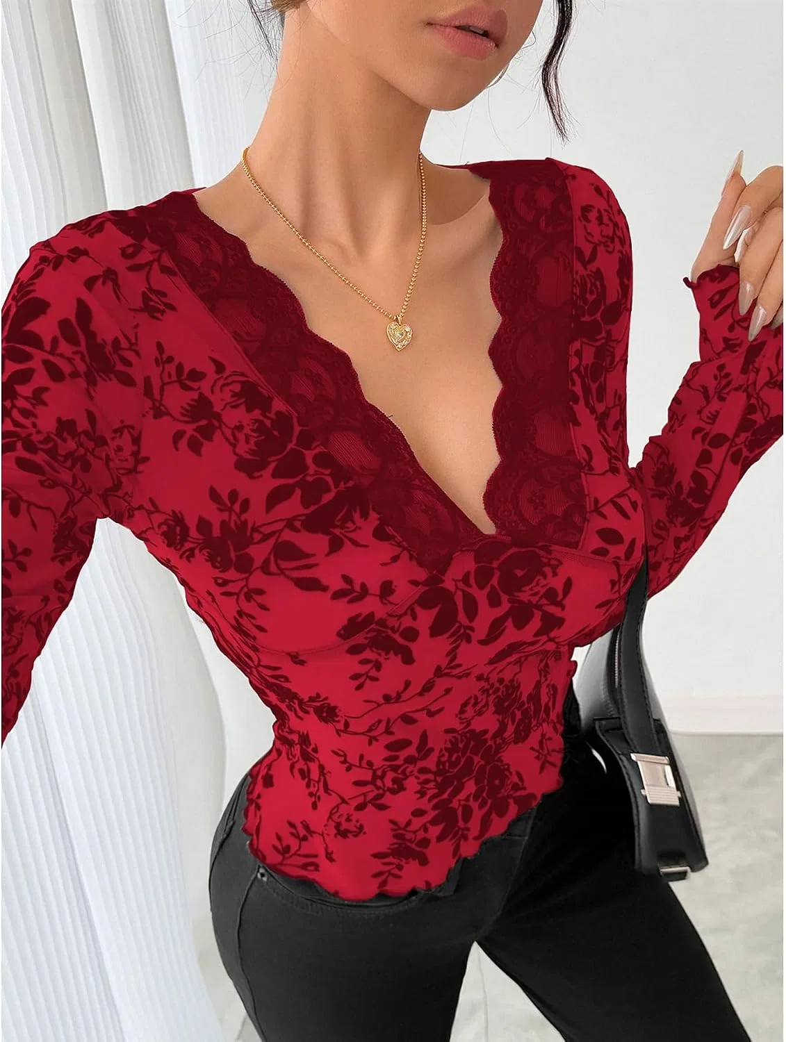 Блуза с V-образным вырезом, кружевная, принт, Bell Sleeve Mesh, красный — фото 3