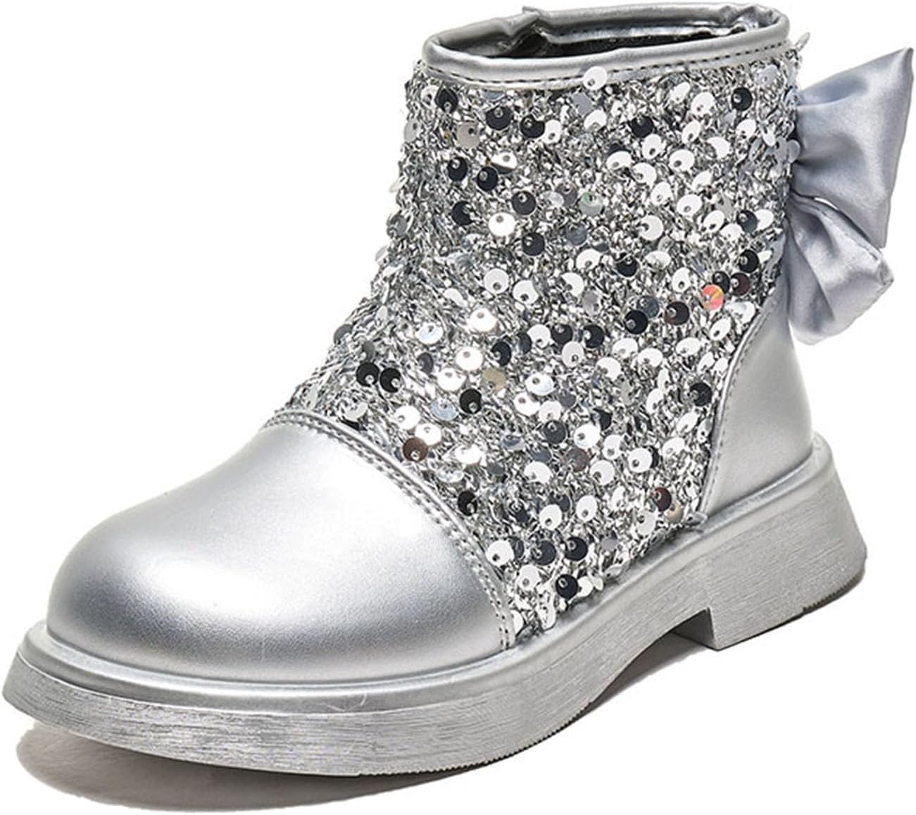 

Блестящие ботильоны для девочек, модные западные ботинки с боковой молнией, панк-готика, ботинки с круглым носком, боевые ботинки, легко носить/снимать Generic, Silver