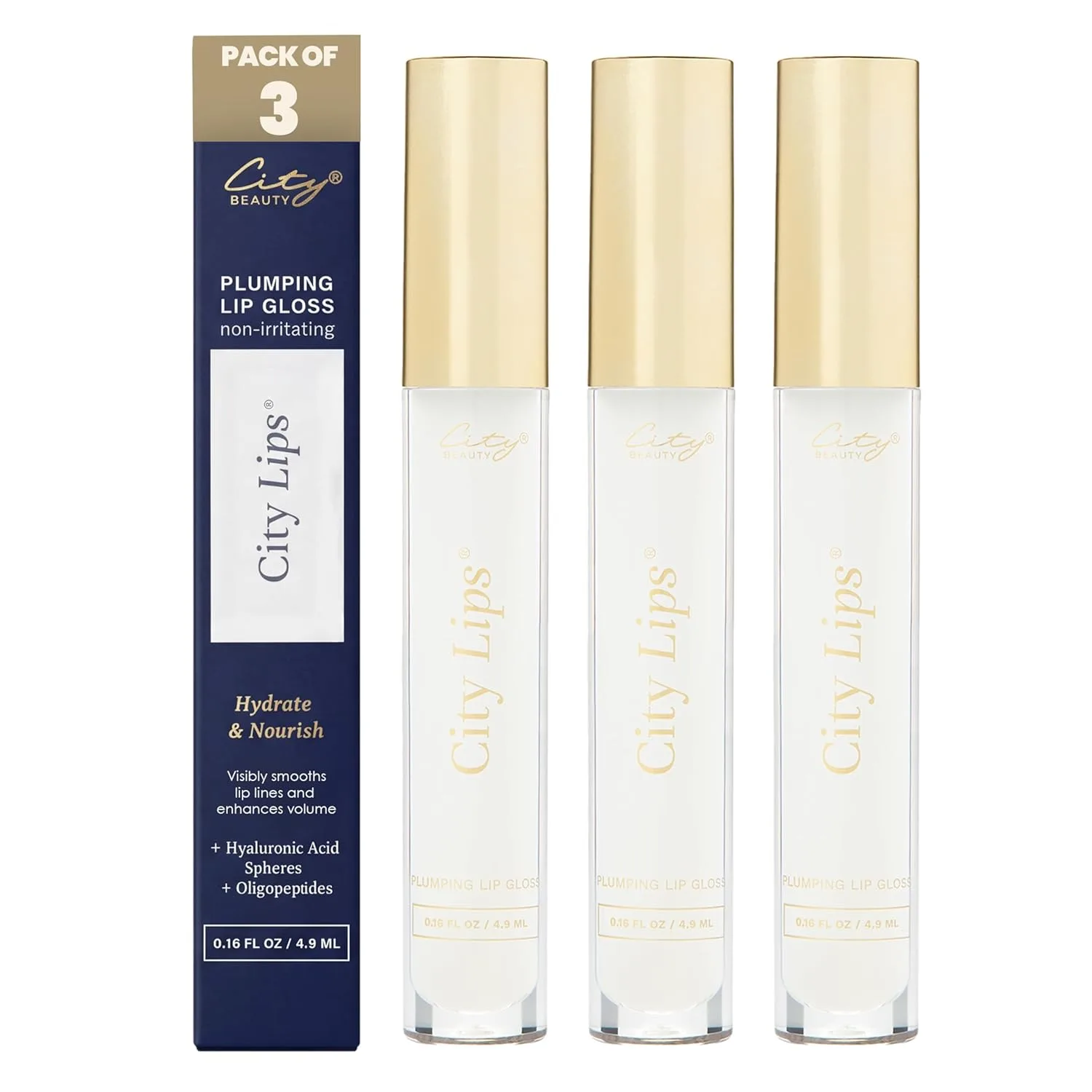 City Beauty City Lips Clear - блеск для губ с эффектом увеличения объема, увлажнение и сияние, с гиалуроновой кислотой и пептидами, разглаживает морщинки, cruelty-free 4,7 мл (3 шт.), Clear