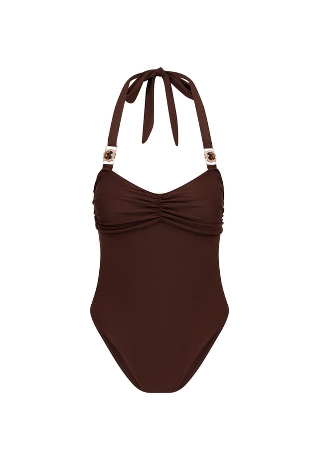 

Купальник Amour с оборками и потрясающей отделкой камнями Moda Minx, цвет coffee