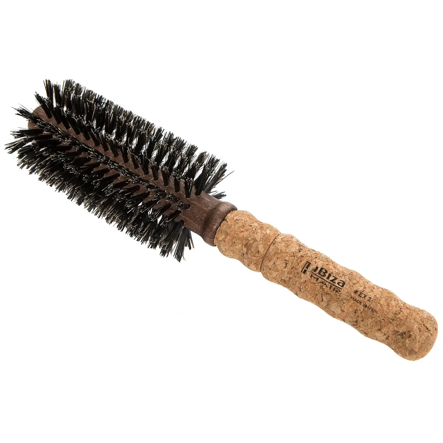 Круглая щетка Ibiza Hair из щетины кабана (серия EX) - легкая, с усиленной щетиной и пробковой ручкой, добавляет блеск и текстуру, идеальна для средних и длинных волос EX3, black,brown
