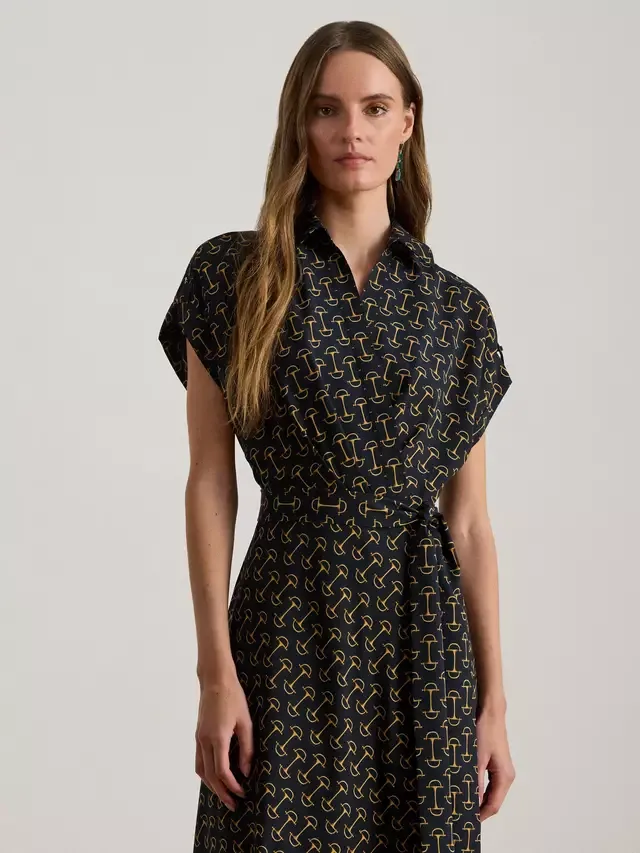 Платье из крепа с геометрическим узором и поясом от Lauren Fratillio, темно-синее Ralph Lauren — фото 3