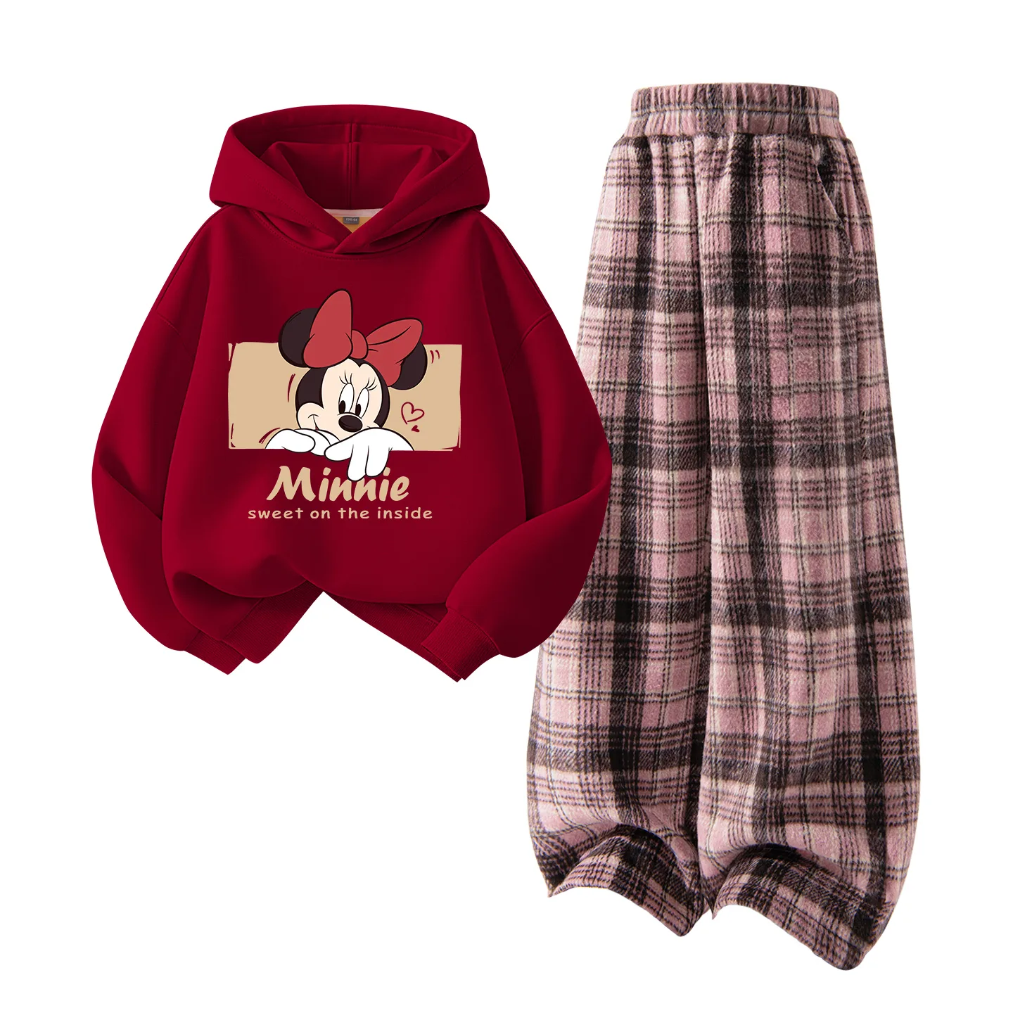 Детская повседневная худи с капюшоном Disney, [Thickened and Fleece-Lined]Di-Duo Burgundy+Solid Color Red Plaid — фото 4