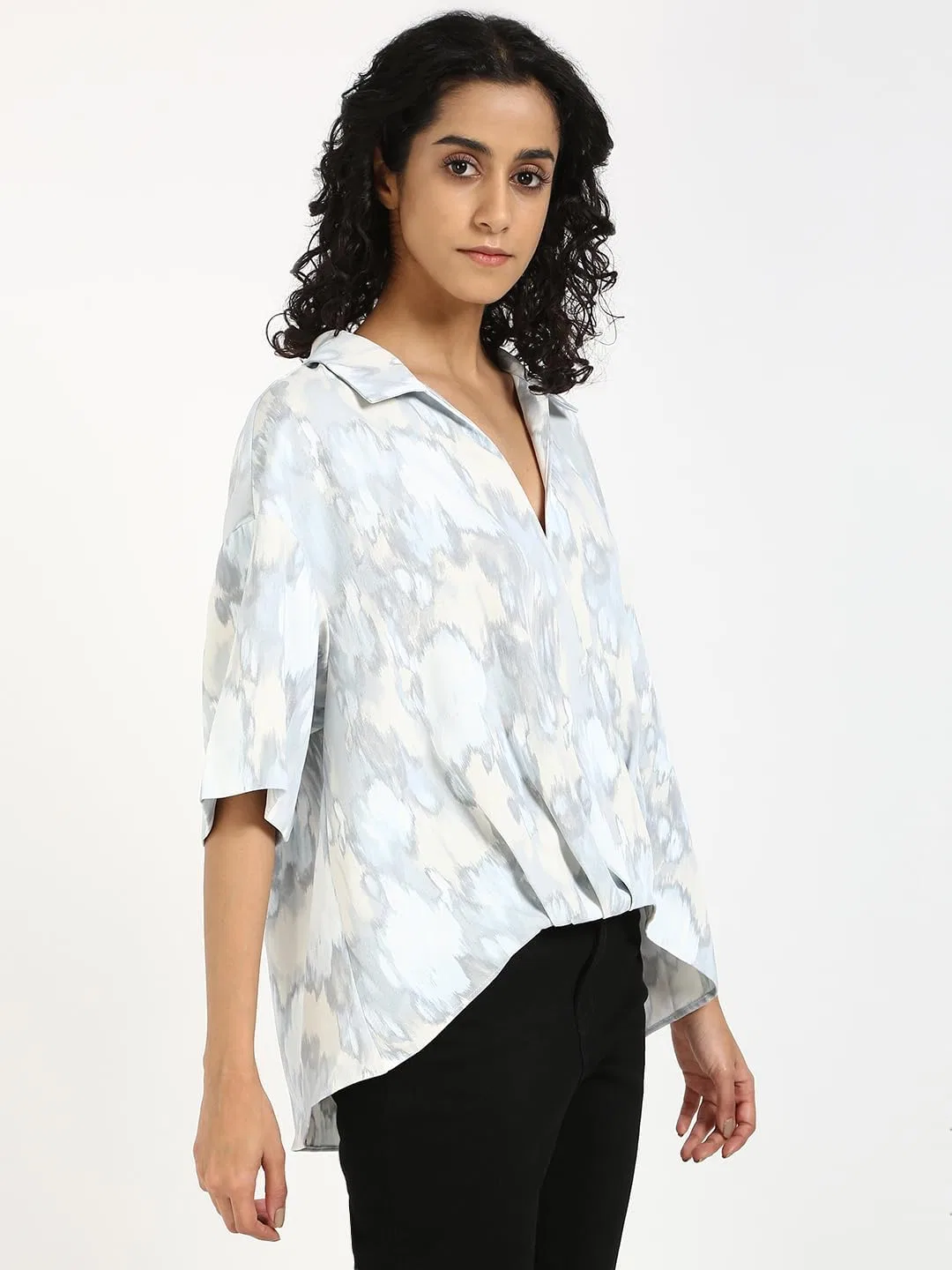 Блуза, Crepe Print Wrap Top, Calvin Klein, бежевый — фото 4