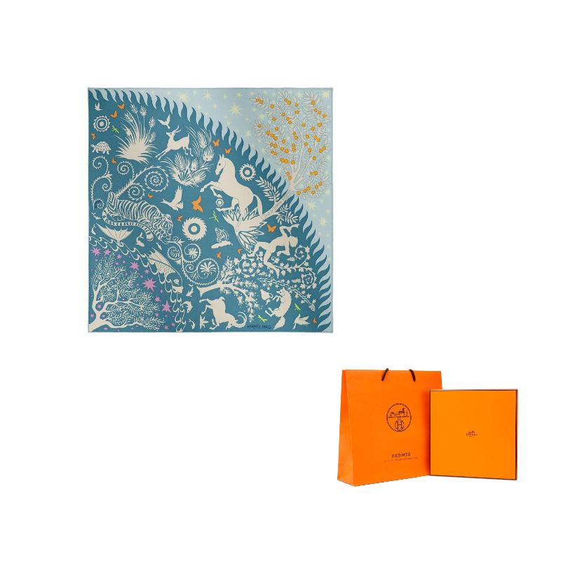 

HERMES Шарф из шелка Mulberry для женщин Sky Blue/Denim Blue/Buttercup Yellow