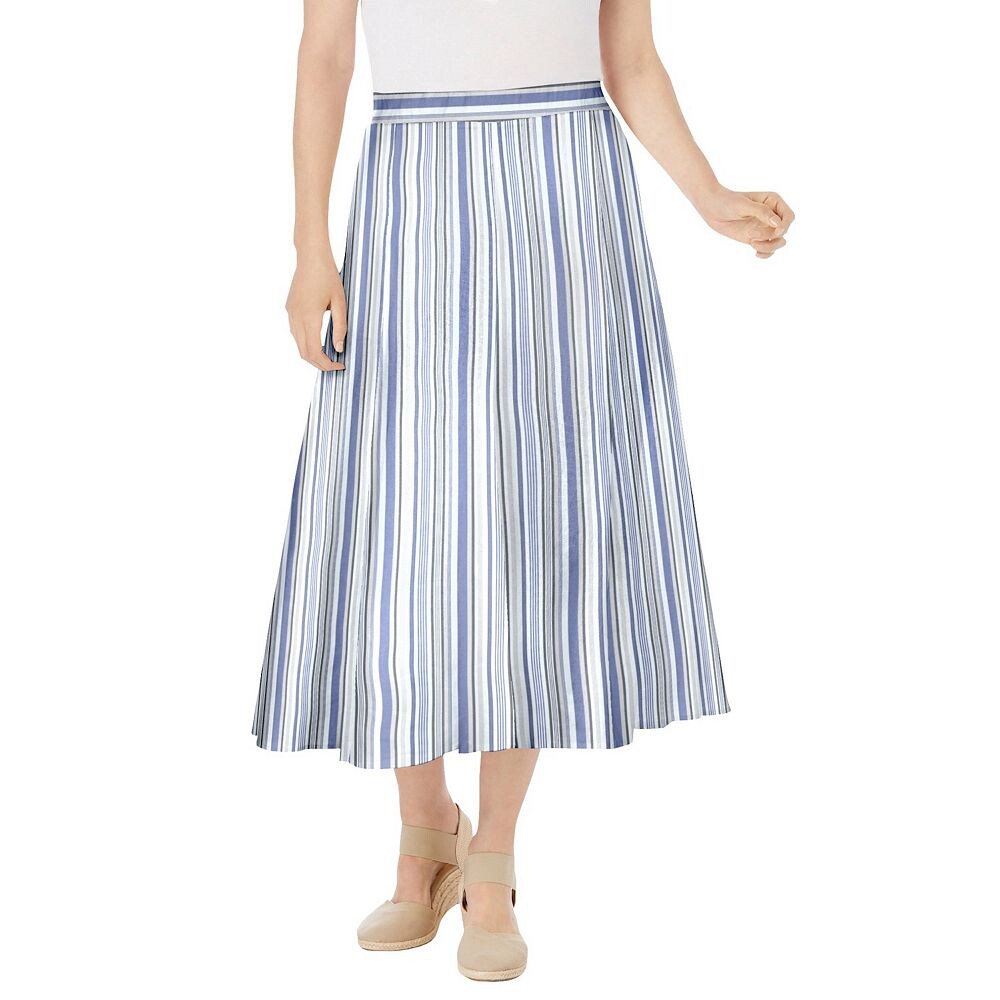 

Женщина в женской льняной юбке больших размеров с принтом Woman Within, цвет Deep Cobalt Stripe