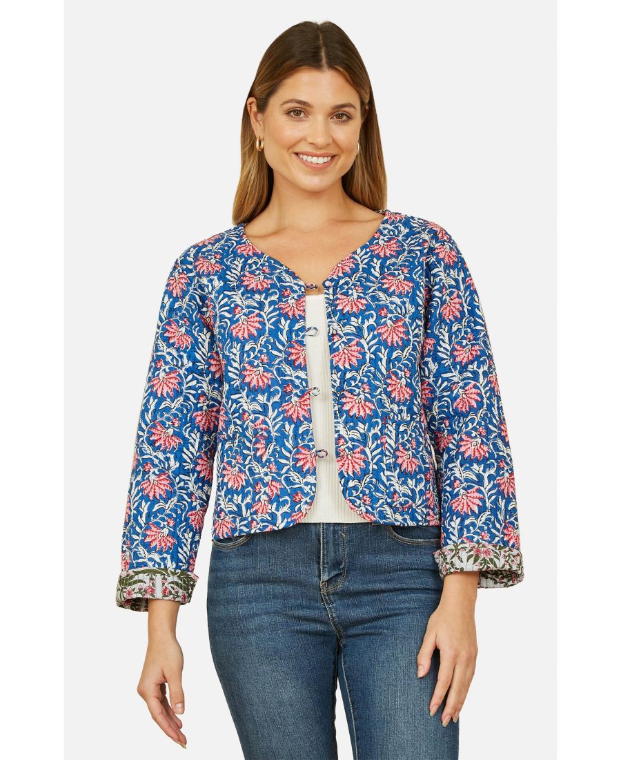 

Женская двусторонняя стеганая хлопковая куртка с цветочным принтом Yumi, Blue/green