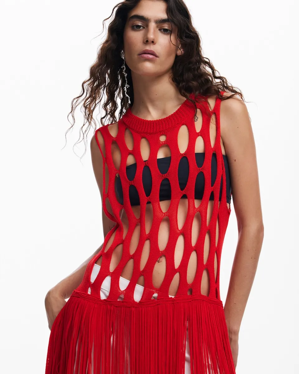 

Женский красный топ с бахромой Desigual