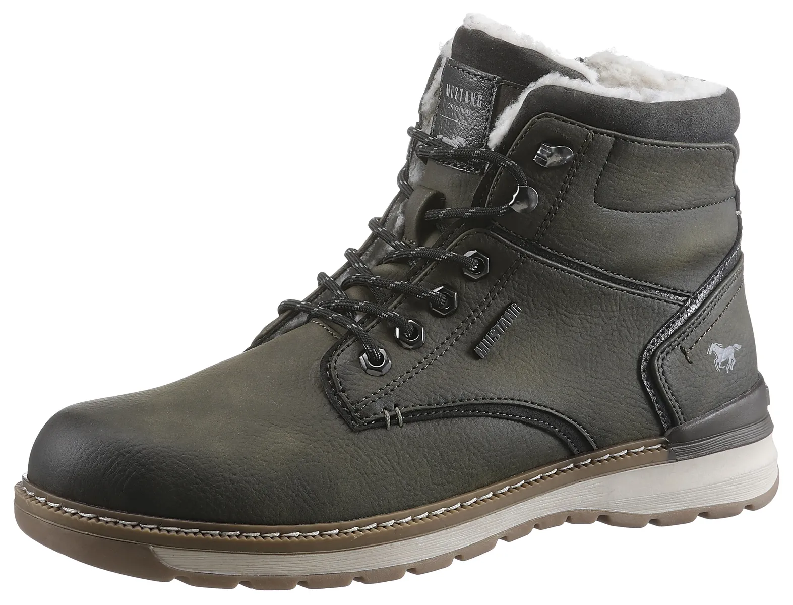 

Зимние ботинки Mustang Shoes, повседневная мода, ботинки на шнуровке, зимние ботинки с люверсами и нашивками с логотипом, цвет Dunkelgrün Used