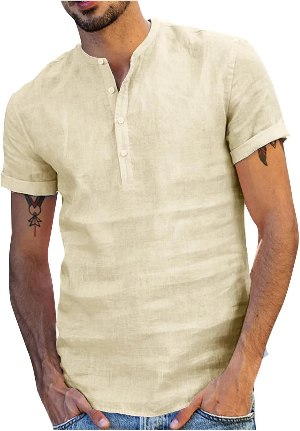 

Мужская хлопковая льняная рубашка с коротким рукавом и V-образным вырезом