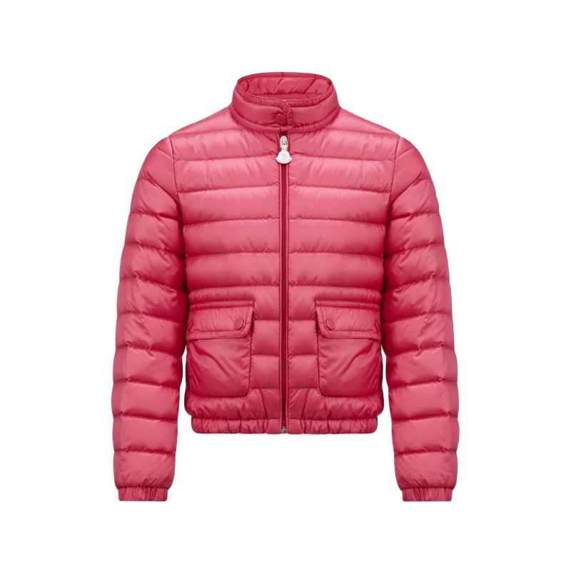 

Moncler Детская одежда, брендовая куртка с воротником стойкой, накладными карманами и длинными рукавами, сплошной цвет, coral pink, kids