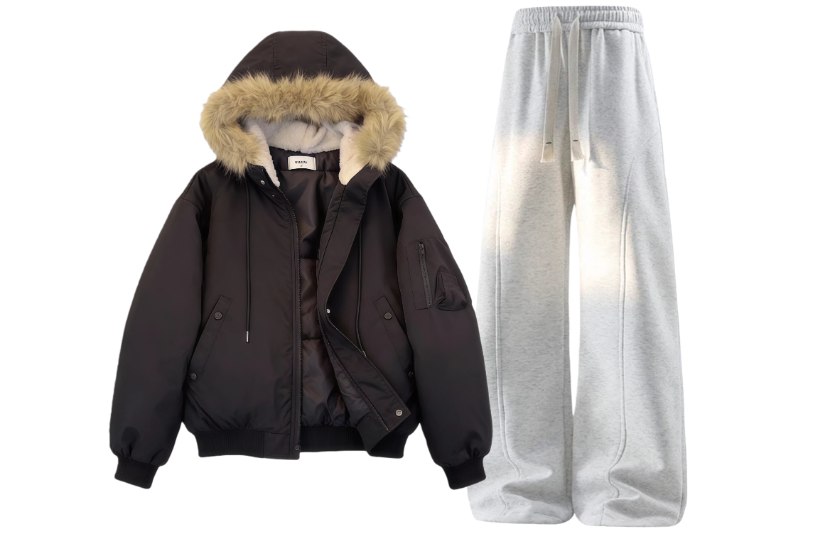 

Толстовка Casual Sportswear утепленная с флисовой подкладкой X1617, черный puffer jacket+белый heather серый fleece-lined pants