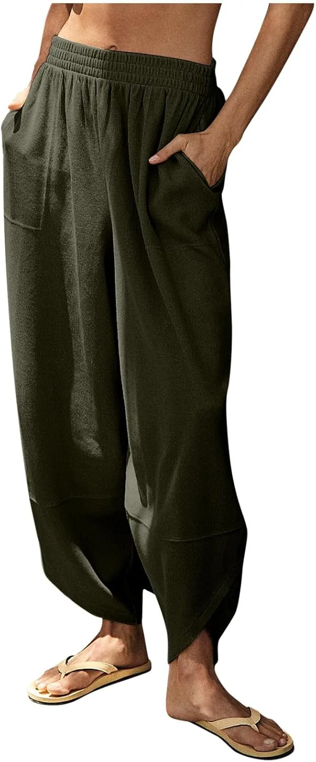 Женские повседневные брюки, модные летние капри, эластичные брюки с высокой талией, свободные укороченные брюки-джоггеры с карманами Generic, зеленый