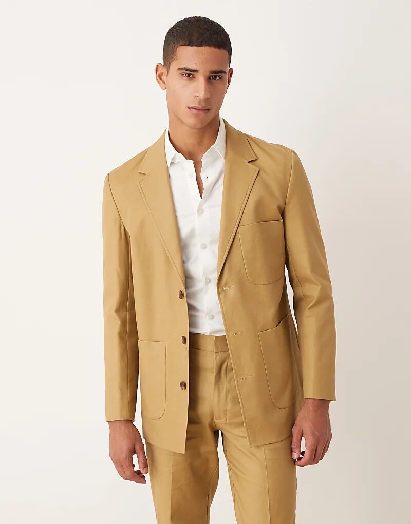 

Пиджак ASOS DESIGN из смеси хлопка и льна, классический, из саржи цвета верблюжьей шерсти