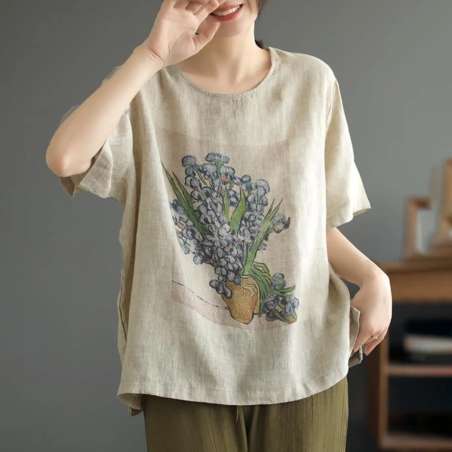 Футболка из хлопка и льна, женская, Oversize, светло-серый — фото 3