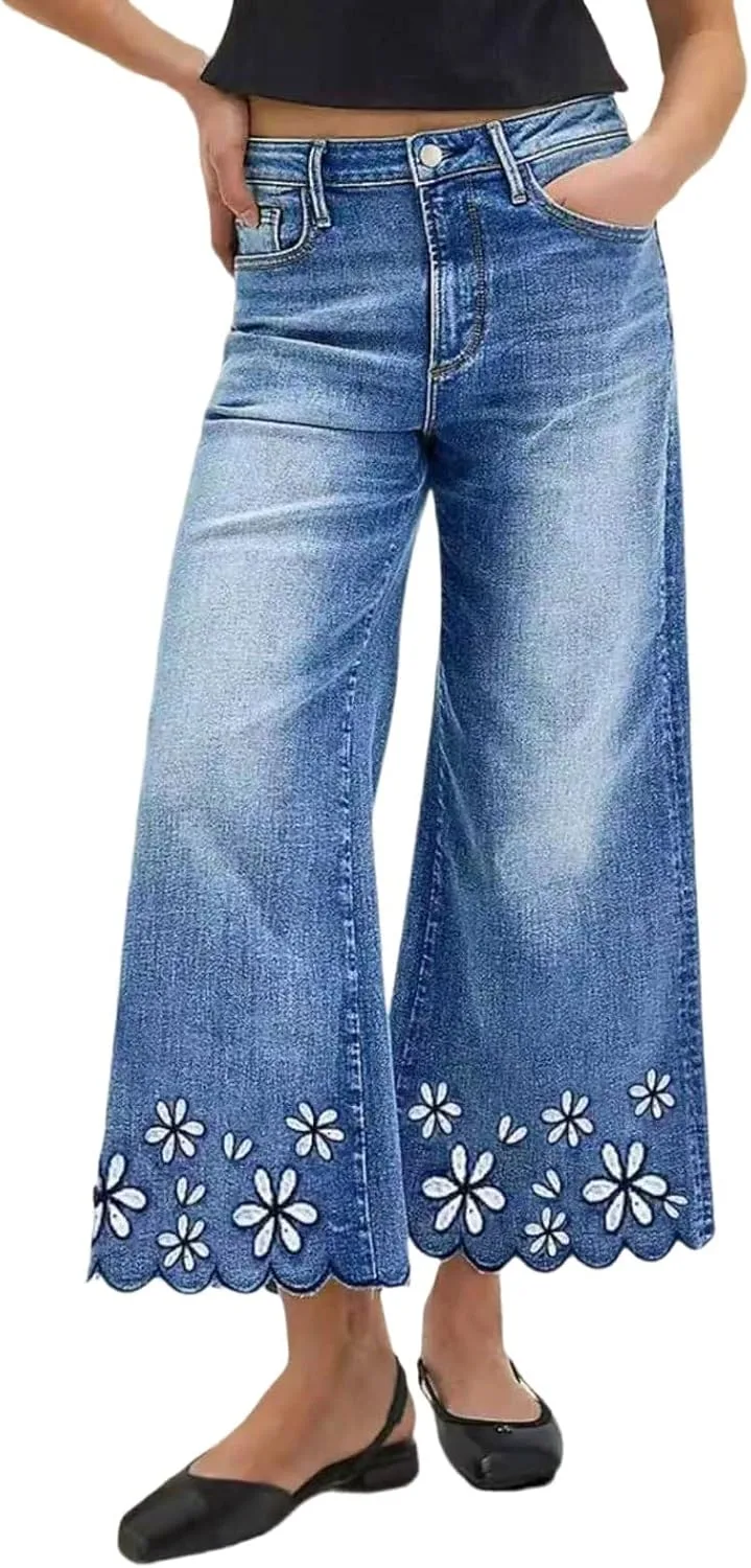 

CHARTOU Женские джинсы Flare Wide Leg с цветочной вышивкой