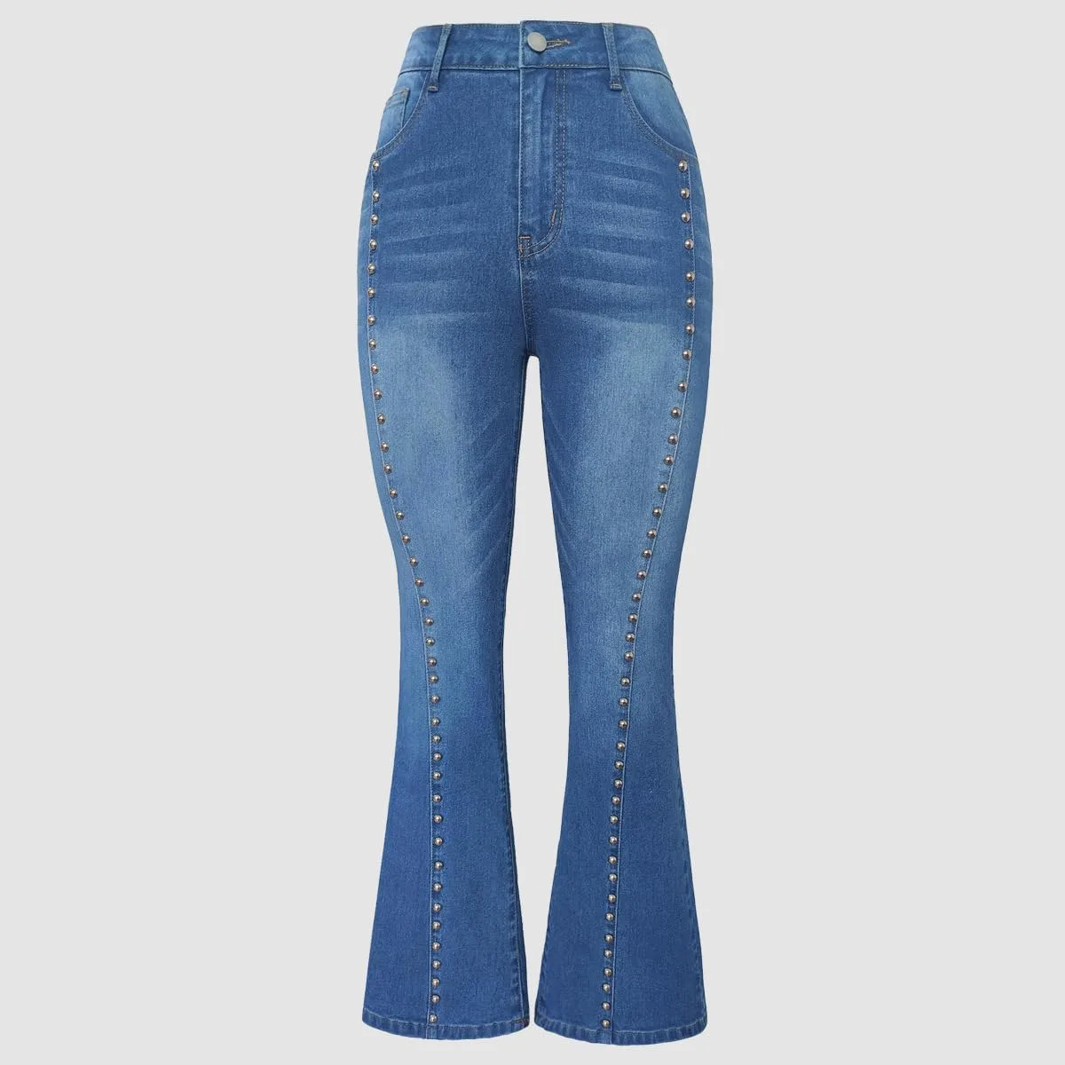 Женские джинсы Slim Fit с заклепками, зауженные к низу, High Waisted, Stretch, Plus Size — фото 3