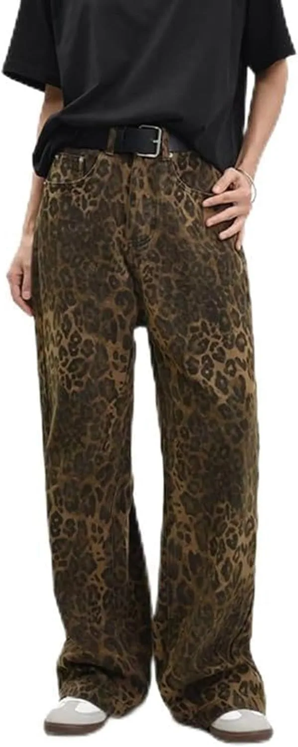

Джинсы Leopard Print для женщин, винтажные, широкие, с высокой посадкой