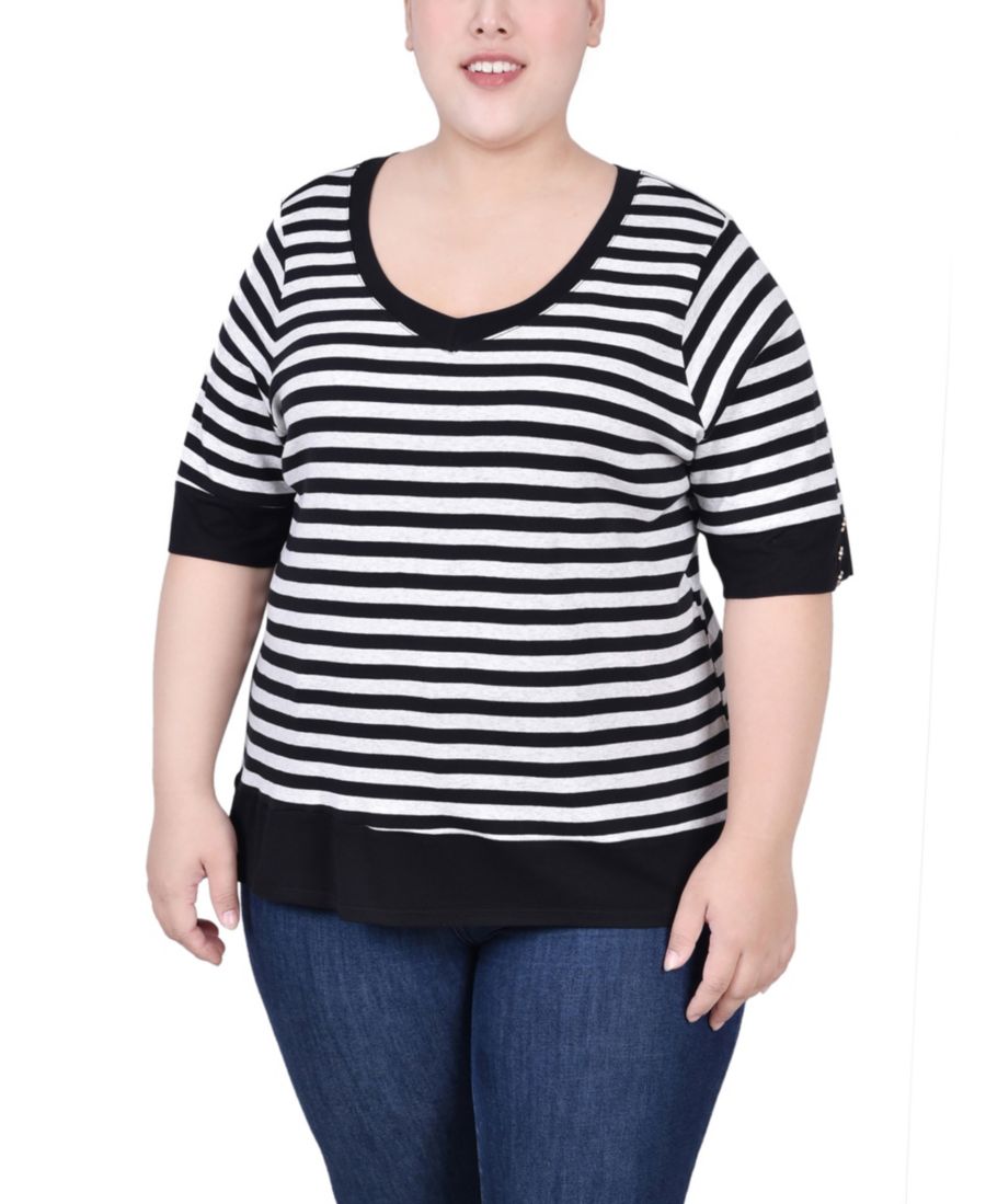 

Топ с рукавом до локтя больших размеров NY Collection, Taupe/ Black