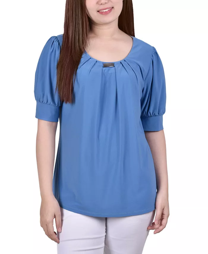 

Повседневная блузка с короткими рукавами-фонариками (Petite) NY Collection, синий
