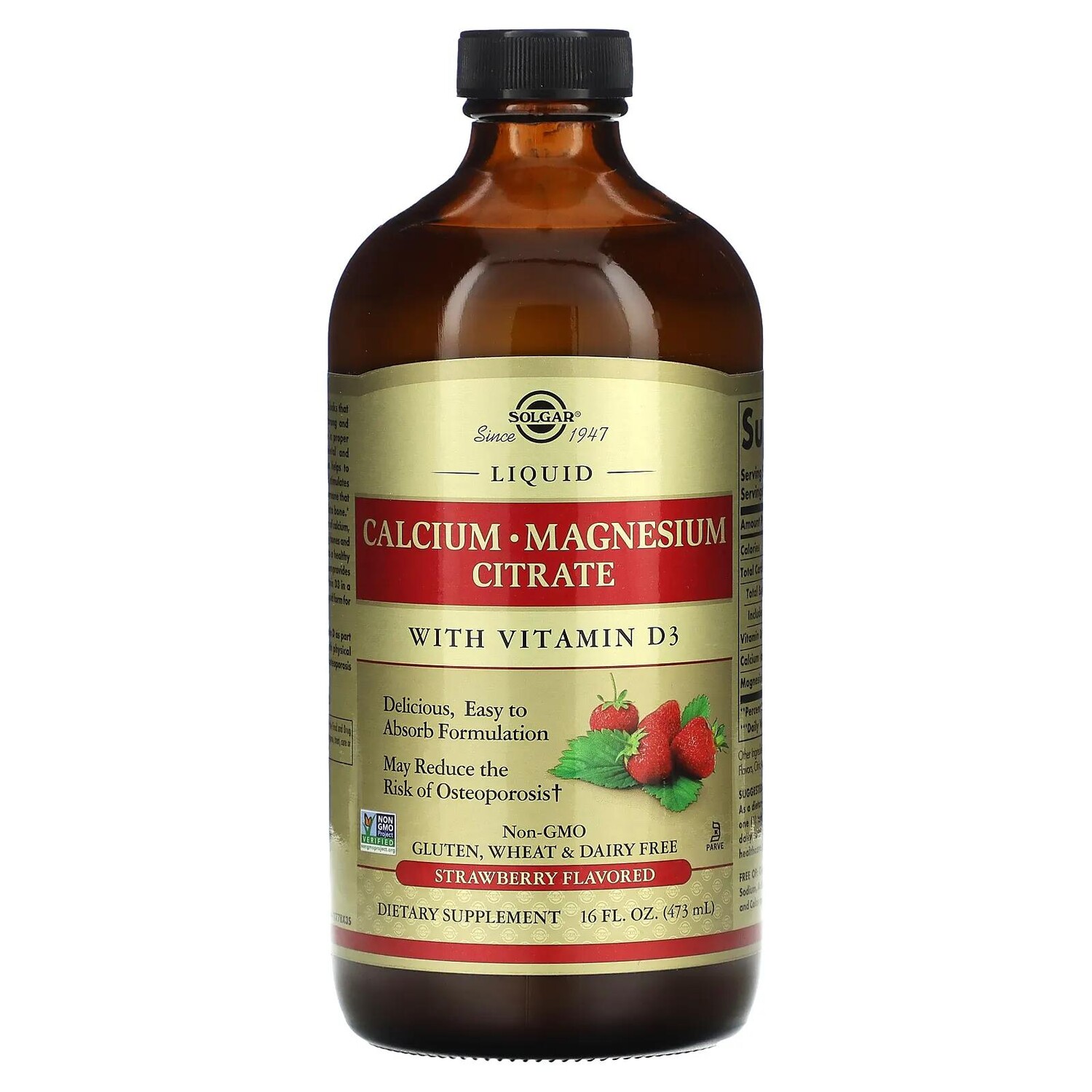 

Solgar Liquid Calcium Magnesium Citrate with Vitamin D3 Natural Strawberry 16 fl oz (473 ml)