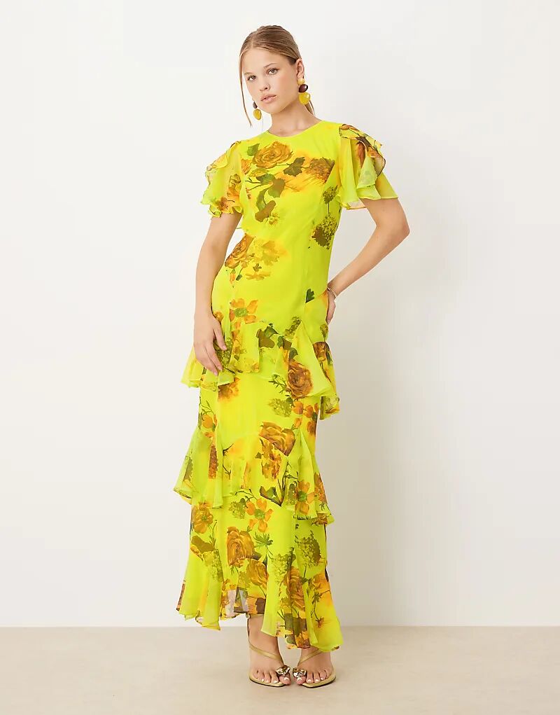 

Длинное платье ASOS DESIGN из шифона с оборками и зеленым цветочным принтом