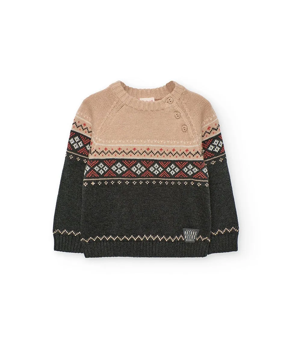 

Детский джемпер с узором бордюра и круглым вырезом Boboli, темно-серый