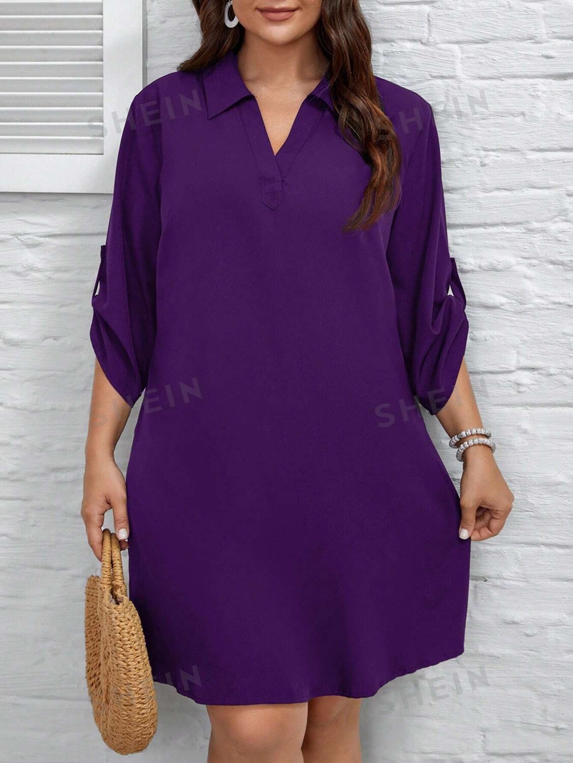 

LUNE Женское Однотонное прямое повседневное платье с отложным воротником и отложным воротником больших размеров на весну/лето Shein, фиолетовый