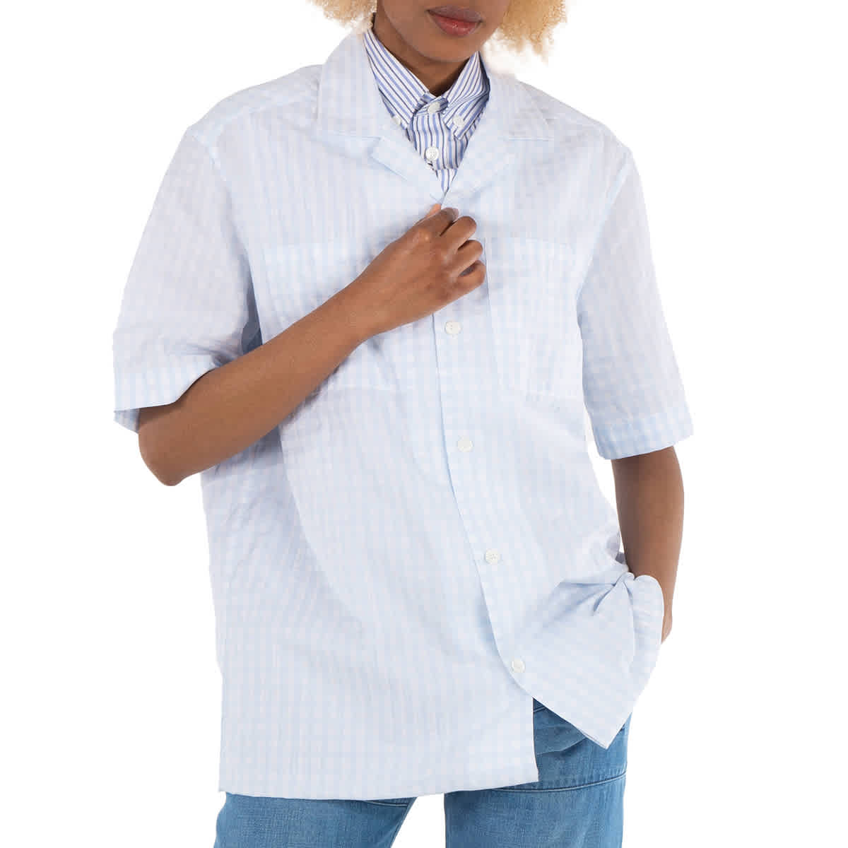 

Барберри Gingham Check Print Свободная рубашка Burberry, бледно-голубой