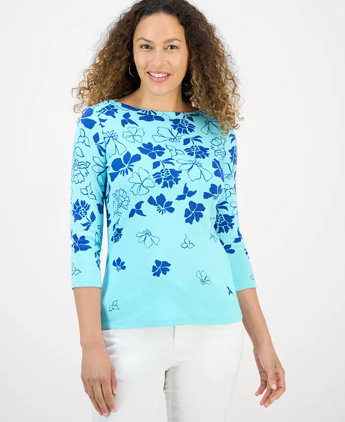 

Топ с 3/4 рукавом из пима-хлопка с цветочным принтом и блестками Petite Floral Spark Style & Co, синий